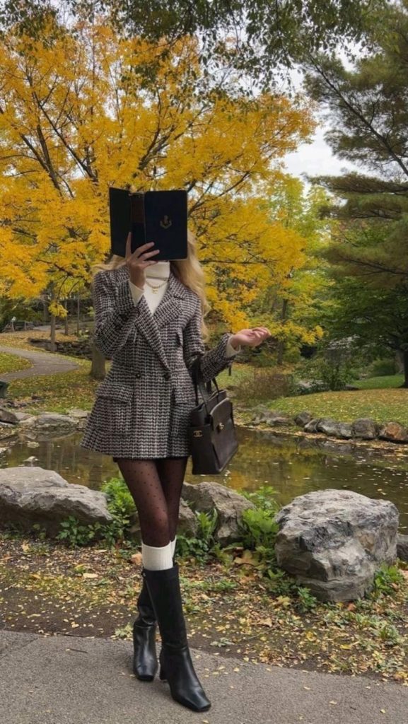 Chic Plaid Jacket with Warm Sweater, Mini Skirt and Boots