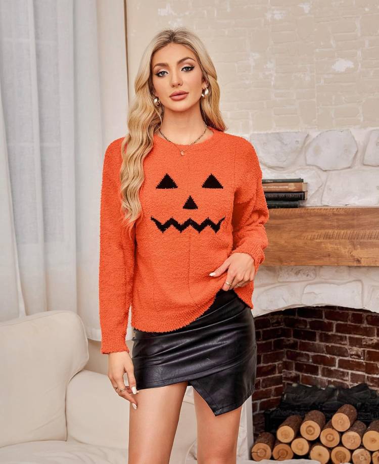 Knit Sweater Crew Neck Pumpkin Print 21 Fall Aesthetic Sweater Ideas