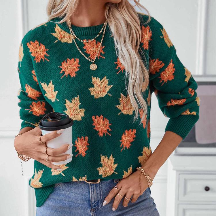 Maple Leaf Print Crewneck Knit Sweater 21 Fall Aesthetic Sweater Ideas