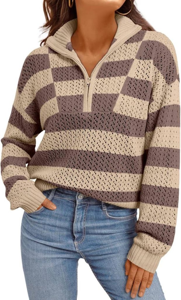 Quarter Zip Pullover V Neck Crochet Striped Sweater