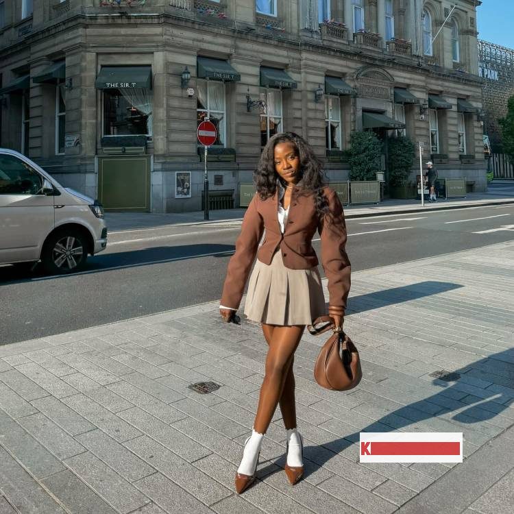 Brown Autumn Jacket with Pleated mini skirt and brown flat shoes