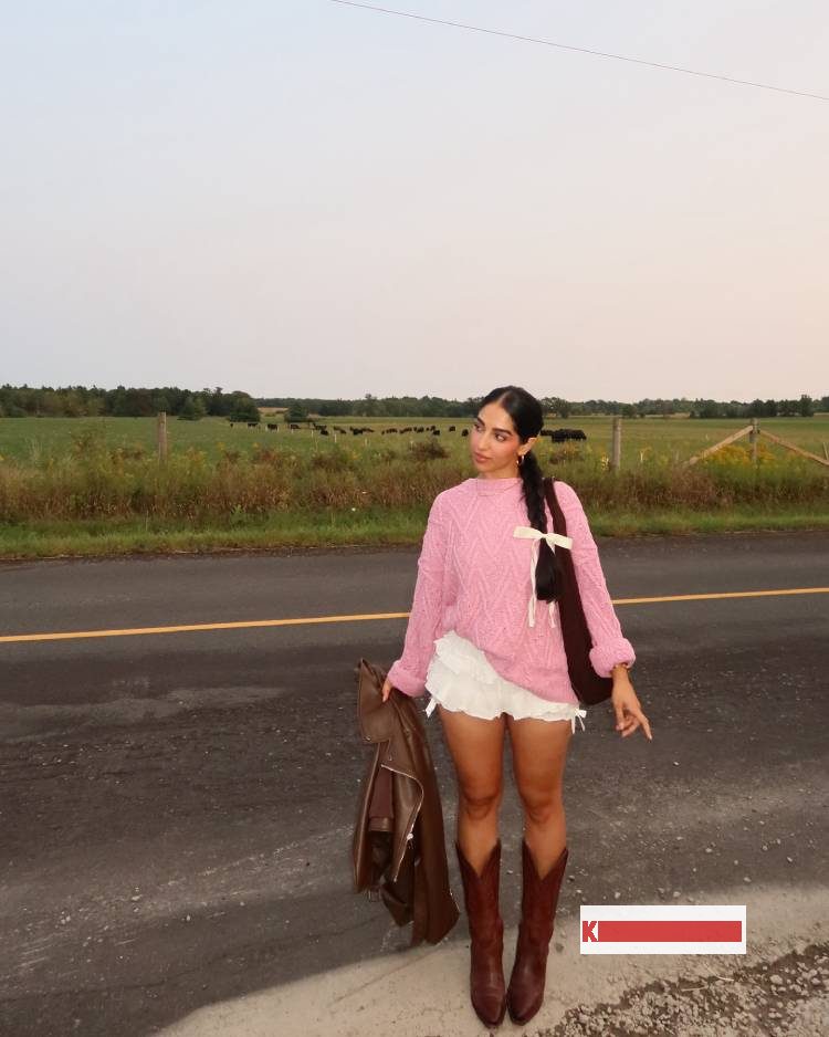 Short Ruffle Pleated Micro Skirt with light Pink Sweater and Brown cowboy boots