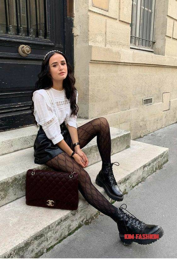 Black mini Leather Pencil Skirt with White Lace top and combat boots