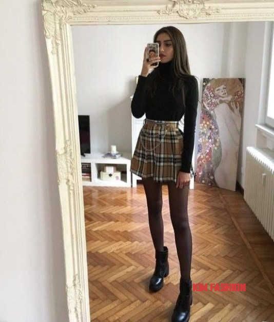 Plaid mini skirt fall style with boots and bodysuit